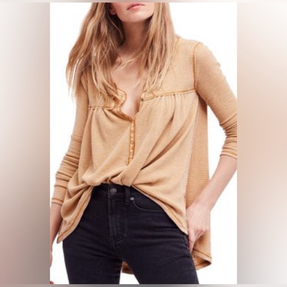 FREE PEOPLE We The Free KAI Long Sleeve Oversized Waffle Knit Henley Khaki S